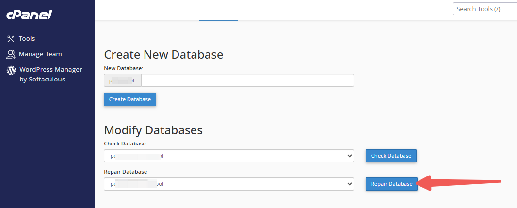 cPanel - Modify Databases - Repair Database