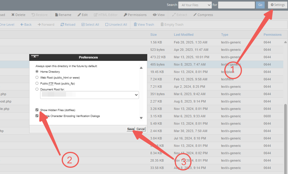 Settings - Document Root - Show Hidden Files (dotfiles) - Save