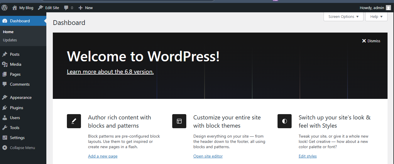WordPress Dashboard - Welcome to WordPress