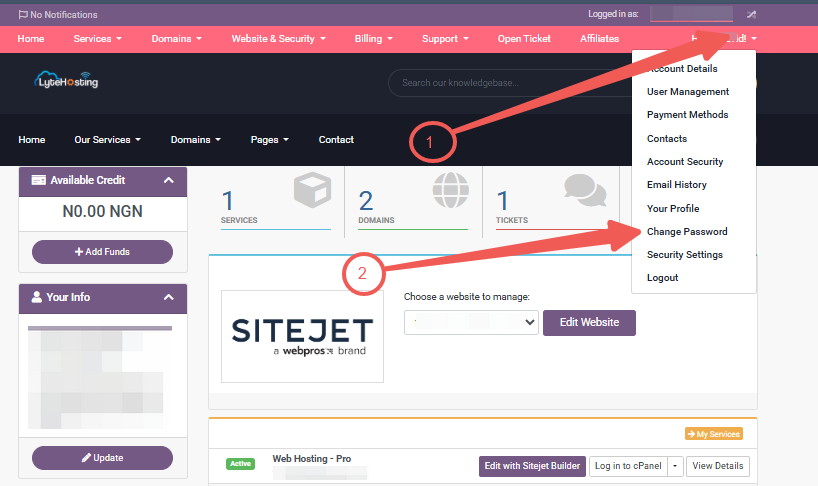 Client Area - Name - Change Password