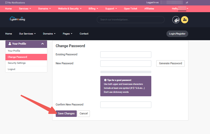 Existing Password - New Password - Confirm New Password