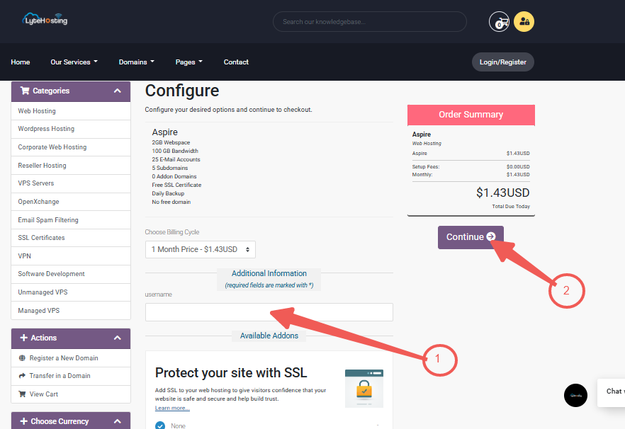 Billing Cycle - Username - Available Addons - Continue