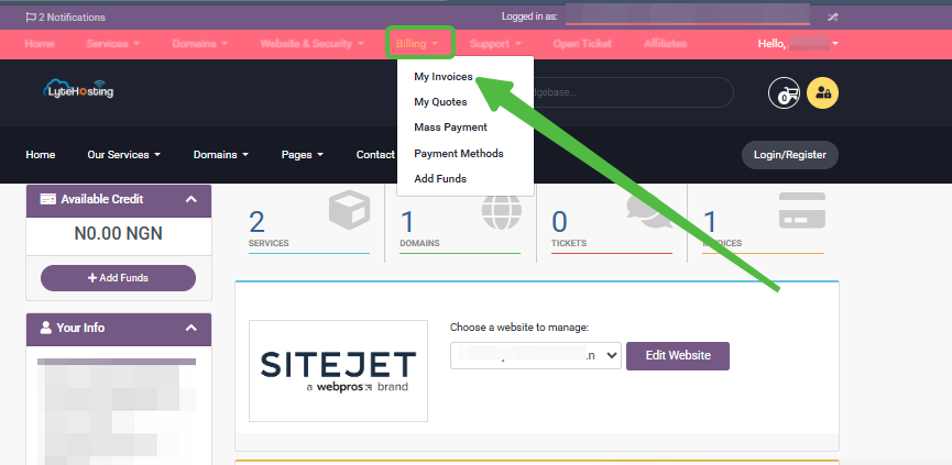 Client Area - Billing section - My Invoices