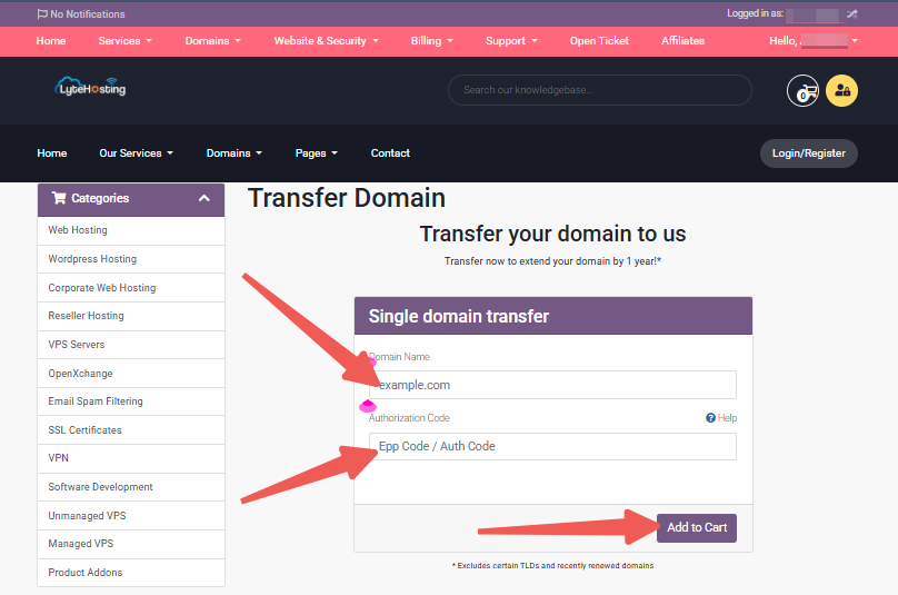 Domain Name - EPP code - Add to Cart
