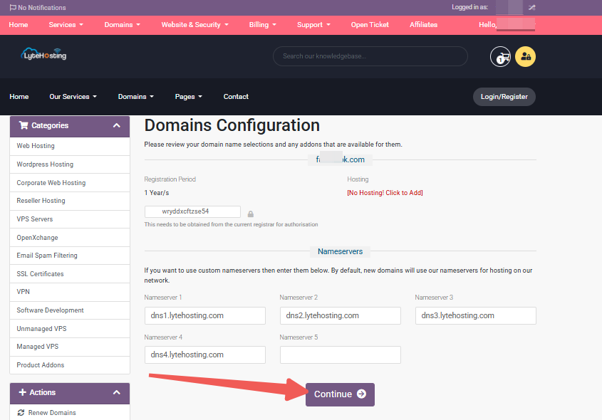 Domain Name Selection - Available Addons - Continue