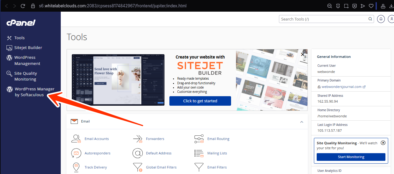 Left-Side Panel - WordPress Manager by Softaculous