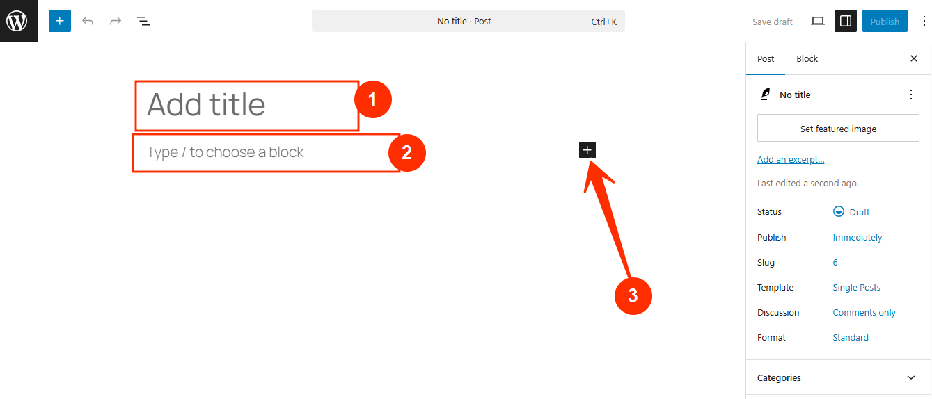 WordPress - + (Inserter) - Add Title -Type to choose a block