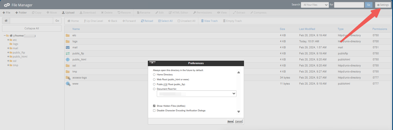 File Manager Settings Box