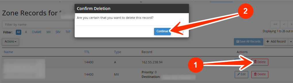 Unwanted A record - Delete - Continue