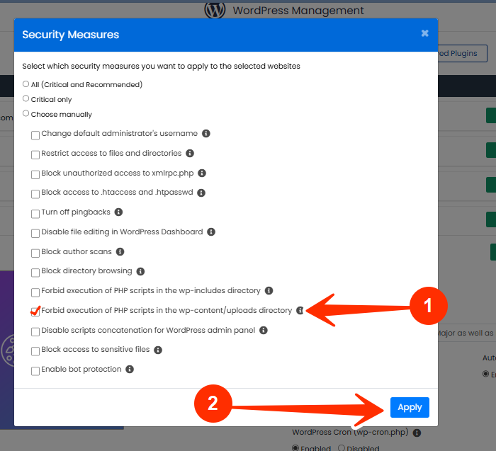 Forbid execution of PHP scripts in the wp-content-uploads directory - Apply
