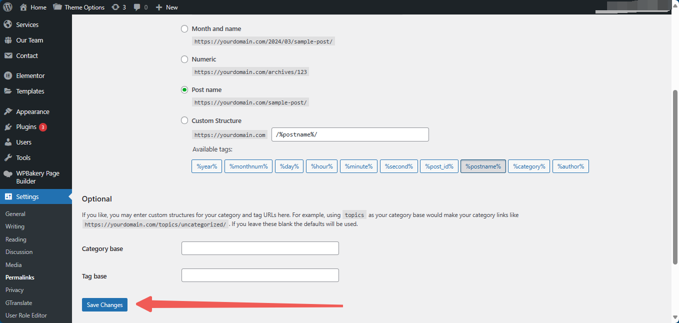 WordPress Dashboard Save Changes