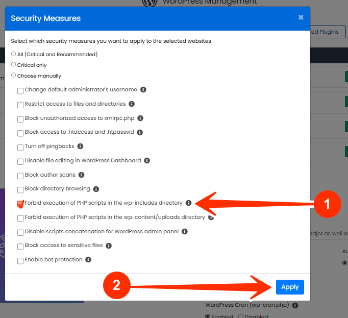 Forbid execution of PHP scripts in the wp-includes directory - Apply