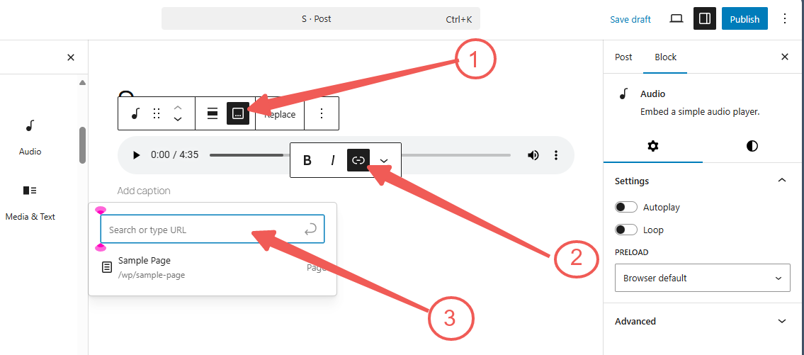 WordPress - Write Caption - Link icon - URL