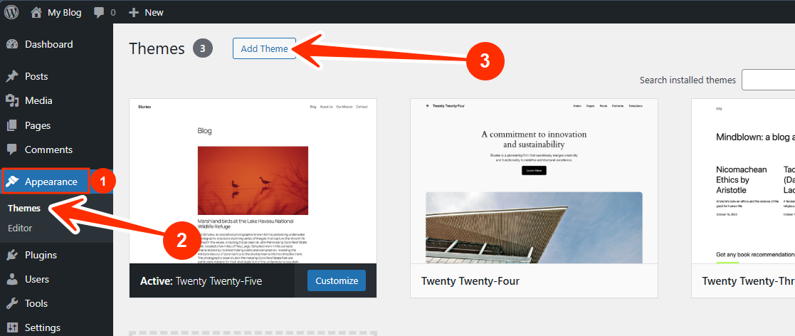 WordPress Dashboard - Appearance - Themes - Add Theme