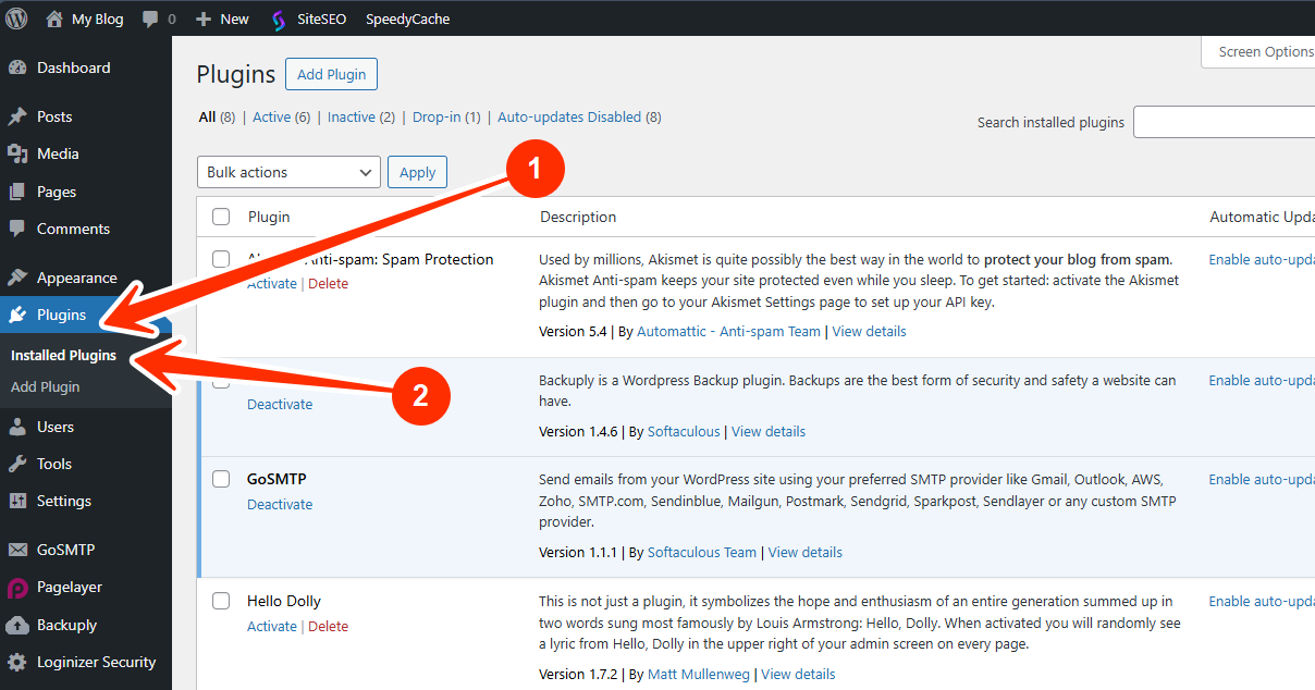WordPress Dashboard - Plugins - Installed Plugins