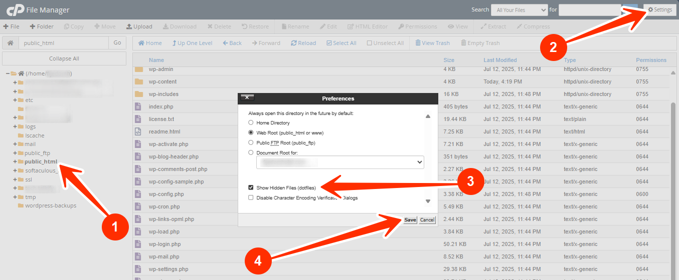 File Manager - public_html - Settings - Show Hidden Files (dotfiles) - Save