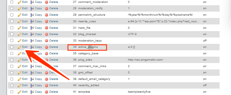 wp_options table - active_plugins - Edit