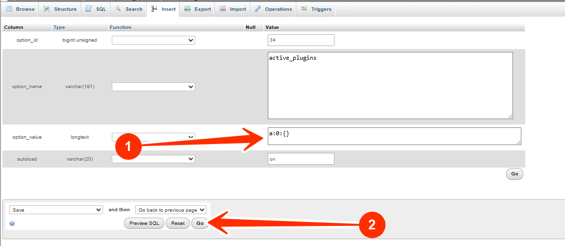 phpMyAdmin - option_value Field - Go
