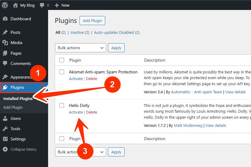 WordPress Admin Dashboard - Plugins - Installed Plugins