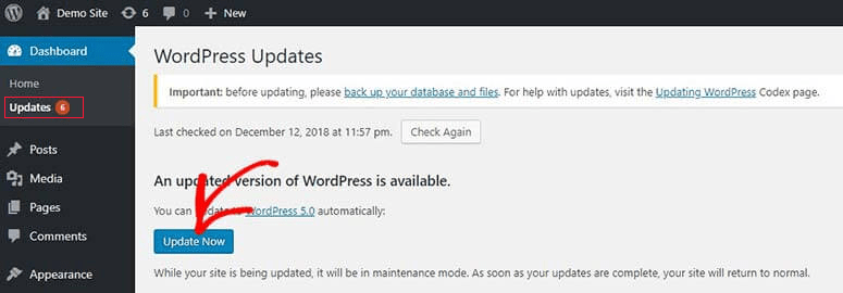 WordPress Core Updates - Update Now